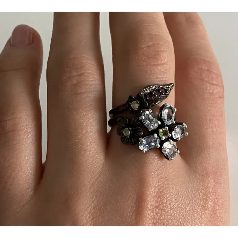 925 Blackened Silver Topaz, Garnet, Peridot & Opal Ring Size 8